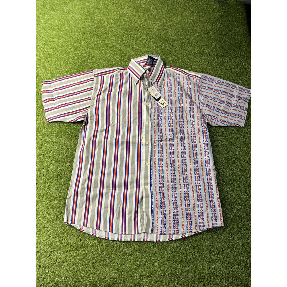 Men's Philly Short Sleeve Button-Up Shirt with Mixed Stripe and Print Pattern